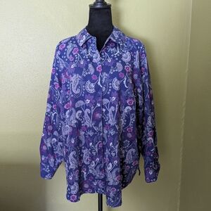 Purple Paisley Button-Up Shirt - Woman's 💯% Cotton. Size 16.